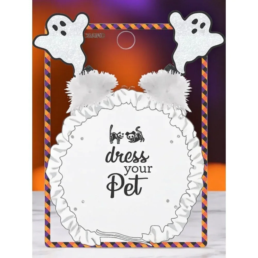 Dress Your Pet Ghost Themed Halloween Headband Pom-Poms Glitter Accents NEW